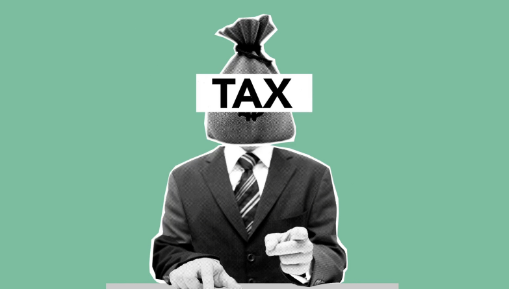 man in a suit with a money bag for a face with the letters "tax" written on them over a green background