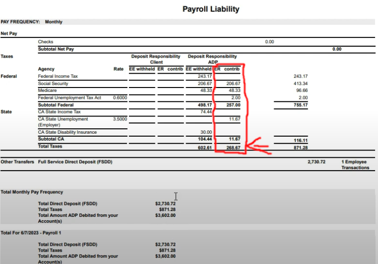 payroll liability summary report with employer contributions highlighted