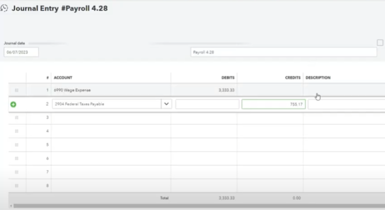 Journal Entry inputting payroll bookkeeping data