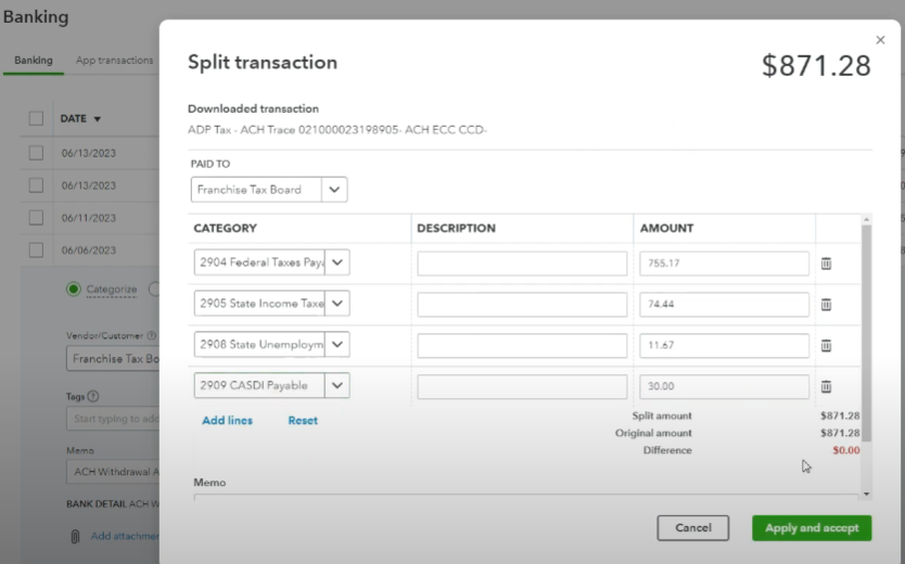 bank feed reconciliation with the journal entry