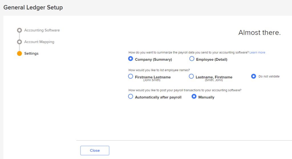 ADP's general ledger setup settings