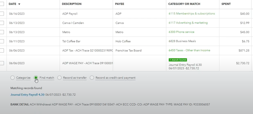 banking feed transaction matching the journal entry